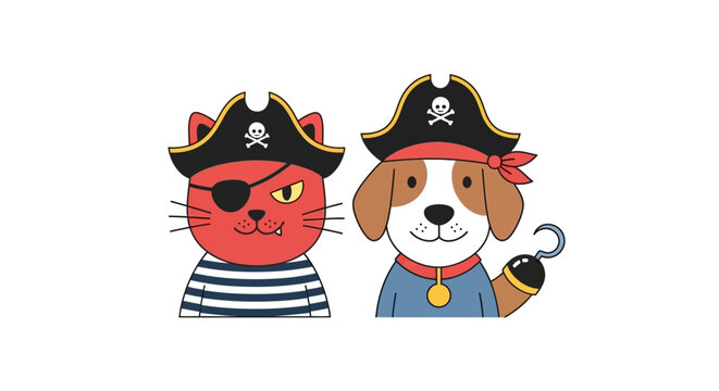Pirate cat and dog cartoon characters.