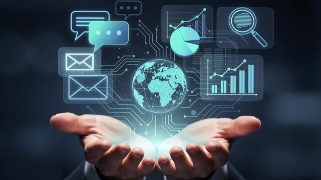 Business hands holding digital global network with charts and communication icons for data analysis