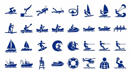 Naklejka premium Collection of blue water sport and activity icons on white background including swimming diving surfing kayaking boating and more