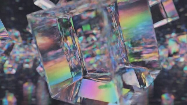 Iridescent glass cubes floating in dark abstract space