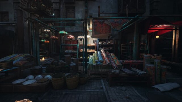 dim night market stall with produce under red lantern and neon, wooden crates and woven baskets, stacked vegetables and spices, wet cobblestone reflecting