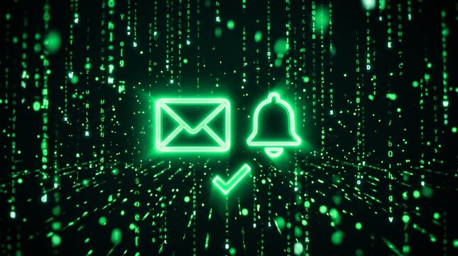 Digital communication icons email notification and checkmark glowing green against a dark background with falling binary code data stream
