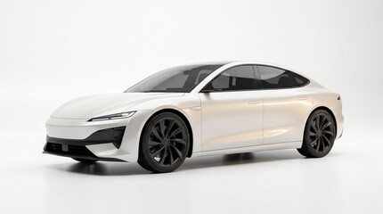 Obraz premium Sleek modern white electric sedan car with black wheels and tinted windows on a clean white background studio shot