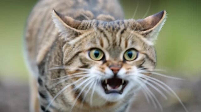 A close-up shot of an aggressive tabby cat hissing with its mouth open, showcasing sharp teeth.
