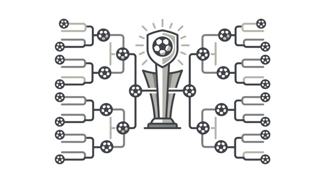 Detailed tournament bracket with soccer championship trophy.