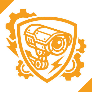Smart Security Camera Logo Design - Industrial Surveillance CCTV Shield Graphic with Gears and Lightning Bolt, Tech Protection System Orange Vector Emblem