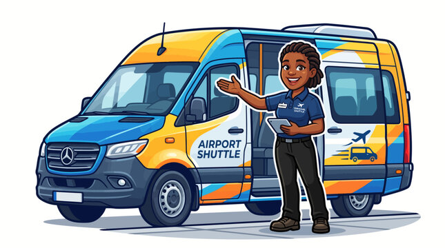 Charming cartoon illustration of a friendly shuttle driver gesturing towards a modern airport transport van