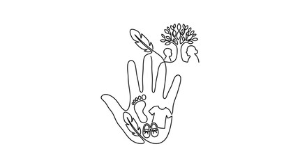Fototapeta premium A continuous line drawing of a hand holding baby items and a family tree.