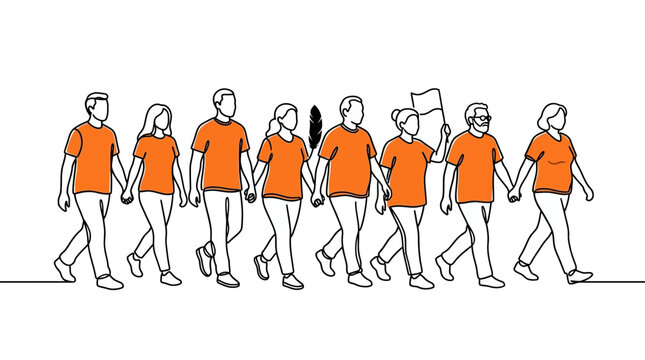 A continuous line drawing of a diverse group of people walking together in unity.