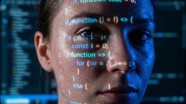 Female programmer face with projected code overlay artificial intelligence concept
