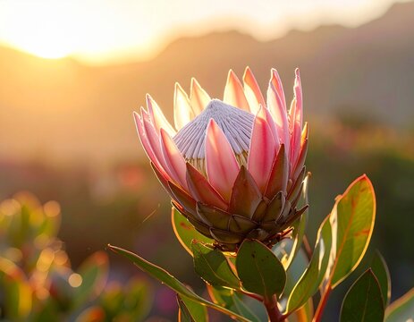 Exotic king protea flower fully blooming, soft morning light, realistic outdoor garden background, sharp botanical detail, muted natural tones, 8k professional camera shot