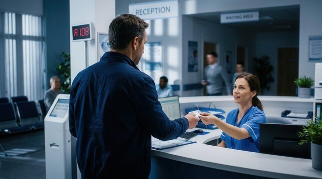 Patient Interaction at Modern Hospital Reception Desk
