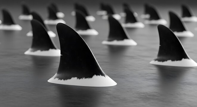 Group of shark fins emerging from dark water as a threat metaphor