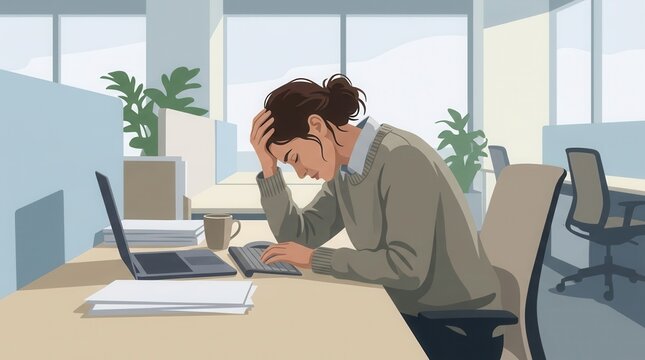 Overworked Professional Feeling Stressed And Exhausted At Their Office Desk, Holding Their Head In