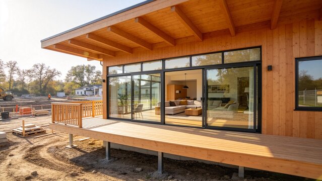 Modern wooden house with deck and large windows