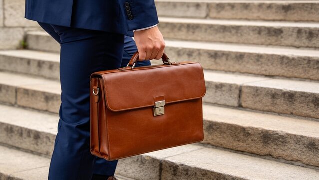 Person in suit carrying briefcase on stairs