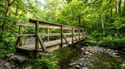 Naklejka premium A wooden footbridge crossing a small stream in a lush green forest.