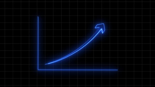 Blue neon graph with upward trending arrow on black grid background Keywords: graph, chart, neon, blue, arrow, upward, growth, increase, trend, positive, business, finance, data, statistics