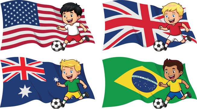 Cartoon Kids Playing Soccer with Waving World Flags Vector Illustration Set Featuring United States, United Kingdom, Australia, and Brazil for International Youth Sports ProgramsCartoon Kids Playing S