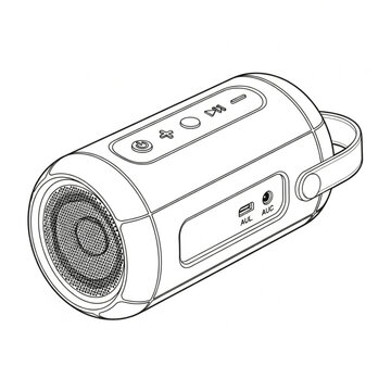 A detailed illustration of a portable speaker device with buttons and inputs