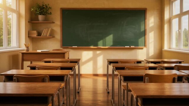 Sunlit classroom with wooden desks and chairs neatly arranged in soft natural light