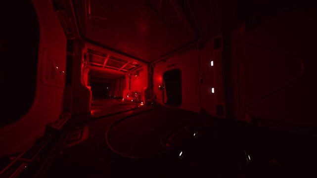 red lit spacecraft corridor, ominous glow. tight metallic passage lined with grated floor, exposed conduits and illuminated emergency panels. lowangle tracking
