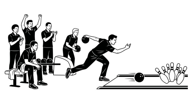 Group of men playing bowling in a competitive match.