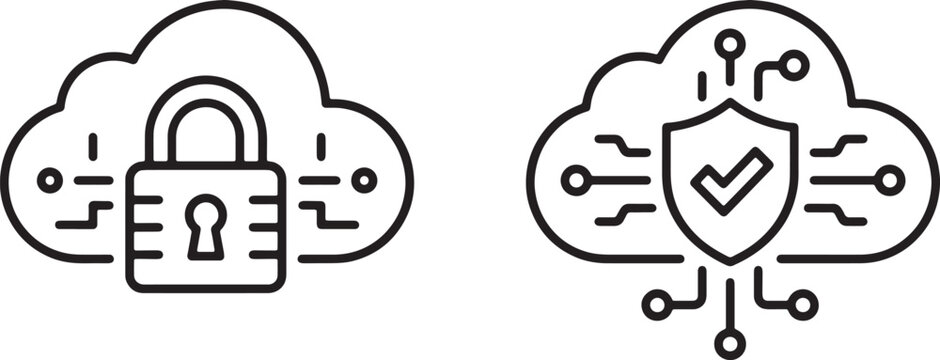 Art & Illustration, High-tech data privacy icons presenting a secure cloud vault with heavy lock systems alongside a circuit-node global network cloud utilizing protective crest shields.