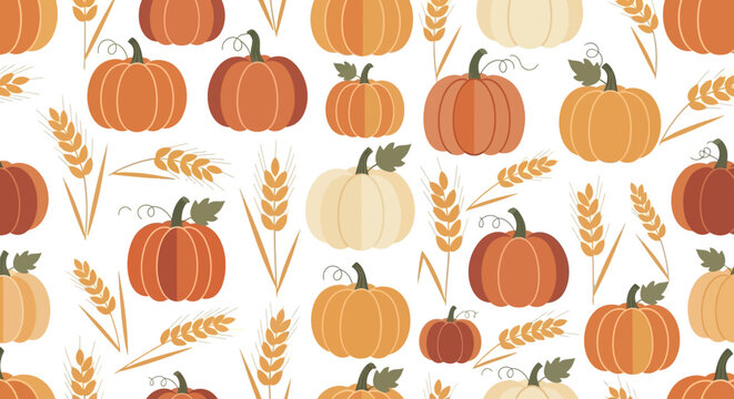 autumn harvest pattern with pumpkins and wheat