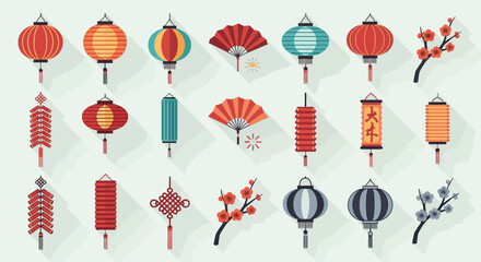 Obraz premium Chinese New Year Decorative Elements and Traditional Lanterns Set