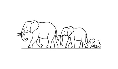 Minimalist elephant family walking in a row line art vector illustration © Shahanaj