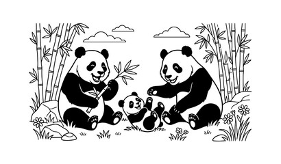 Cute giant panda family with baby in bamboo forest cartoon coloring page vector © Shahanaj