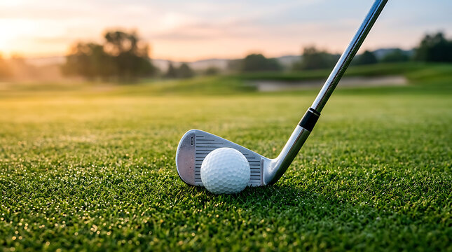 Golf Club Positioned Behind Ball on Green Fairway During Early Morning Practice Session