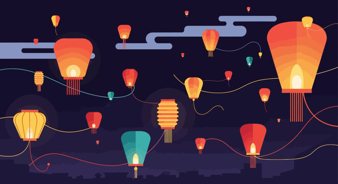 colorful lanterns flying in the night sky