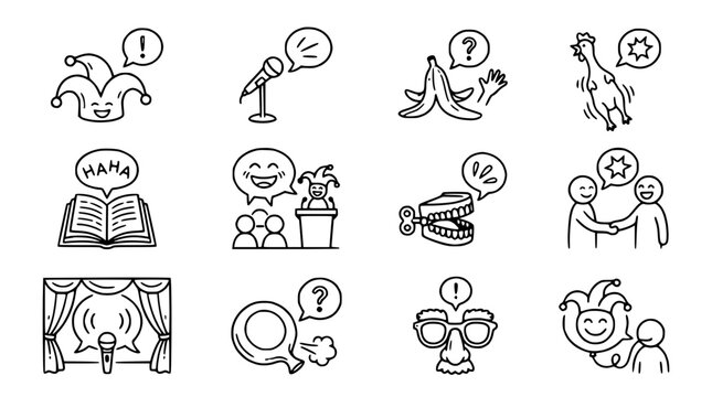 Comedy Icons: Jester Hat, Microphone, Banana Peel, Chicken, Joke Book, Audience, Gag Teeth, Handshake, Stage