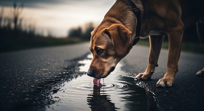 Thirsty dog drinking water from a puddle on an asphalt road at dusk