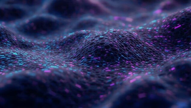Abstract dark landscape featuring a textured wave surface illuminated by glowing neon pink and blue data particles. Ideal backdrop for machine learning, big data, and cyber security.