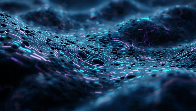 Abstract dark landscape with flowing neon blue and purple data microchips across a textured wave surface. Ideal backdrop for machine learning, big data, and cloud computing technology.