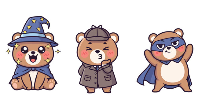 Cute cartoon bears in magical detective and superhero costumes.
