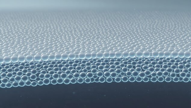 Abstract 3D render of multiple stacked layers of microscopic blue spheres. Perfect scientific conceptual backdrop for nanotechnology, filtration membranes, cells, and biotechnology.