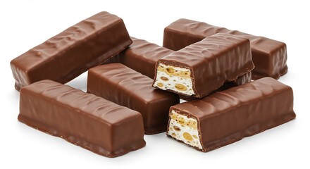 Naklejka premium 白い背景に明るく照らされ完璧に積み重ねられた光沢あるチョコレートバーが目に飛び込む 甘く濃厚なミルクチョコレートに包まれたサクサク食感のヌガーの断面が食欲をそそる芸術作品のよう. AI Generated