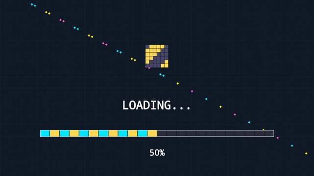 Pixel art loading screen with progress bar at fifty percent