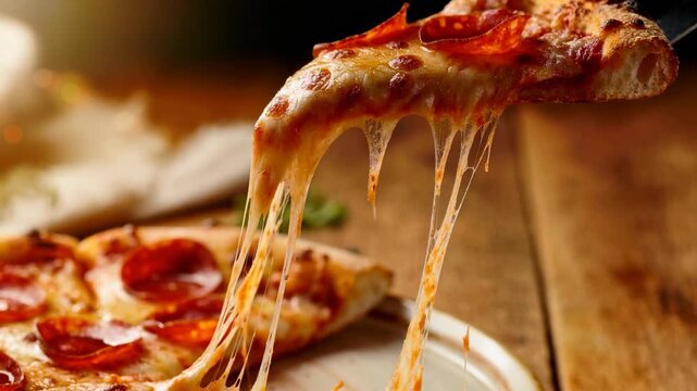 Close up video of a delicious pepperoni pizza slice with melted cheese stretching in a savory bite