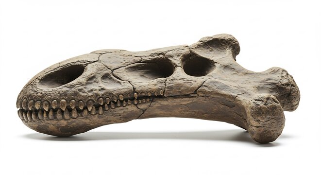 明るいスタジオ照明の下で古代の恐竜の頭蓋骨の化石が持つ力強い存在感と何百万年もの歴史の重みが鮮やかに捉えられている. AI Generated