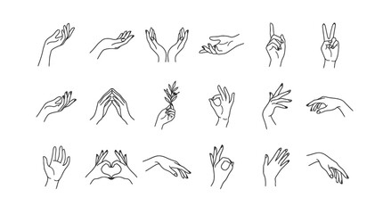 Fototapeta premium Minimalist hand line drawing set representing various gestures and delicate poses for creative artistic projects and design.