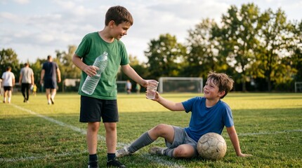 Youth Football Players Sharing Drinking Water on the Field