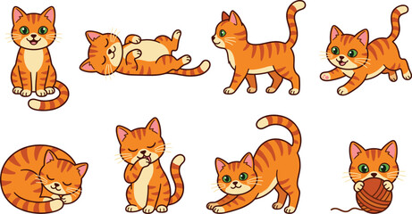 Cute ginger tabby cat collection featuring playful sleeping stretching grooming and kitten poses cartoon pet character set © Dulal creation 