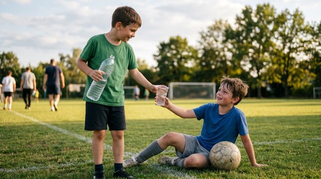 Youth Football Players Sharing Drinking Water on the Field