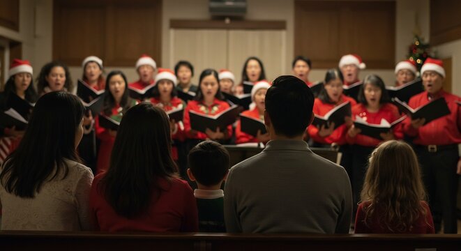 温かい室内でクリスマス合唱団が赤い衣装とサンタ帽を身につけ歌う光が優しく人々を照らし家族が見つめる. AI Generated