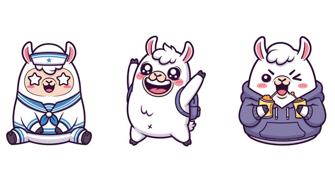 Three cartoon alpacas in different outfits and poses.